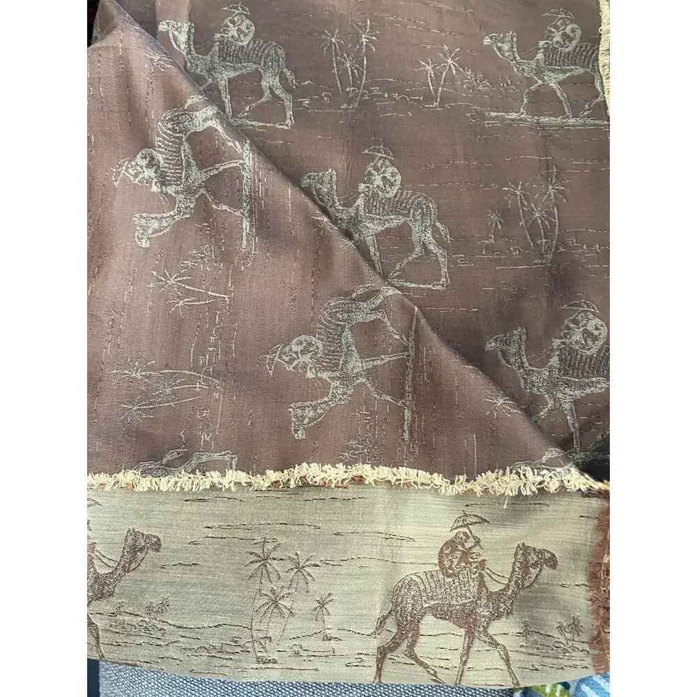 Coppery Brown Desert Scene Camel Monkey Antique Satin Jacquard 55”x 72” Brocade
